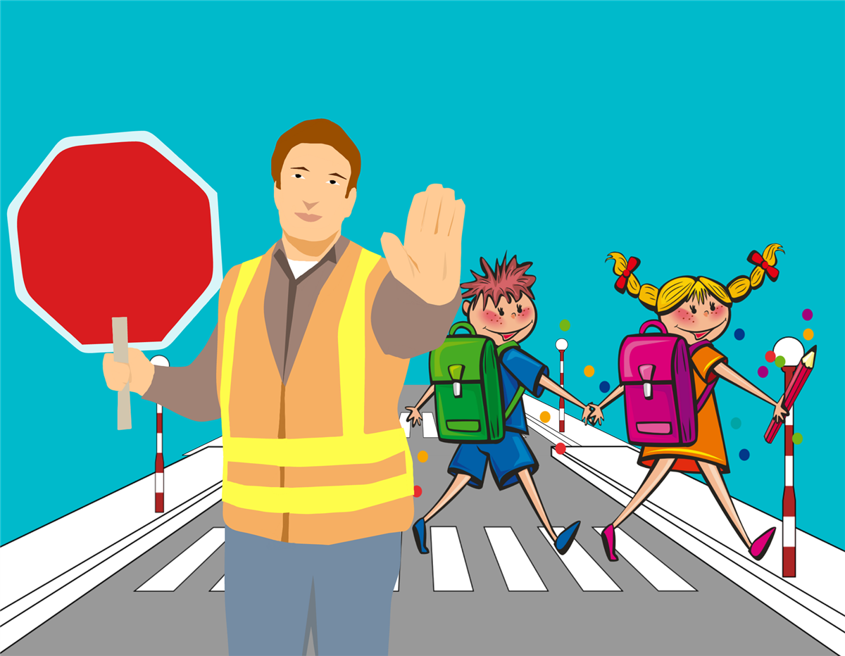 Mann med stoppskilt og barn som kryssar fotgjengarfelt - Klikk for stort bilete